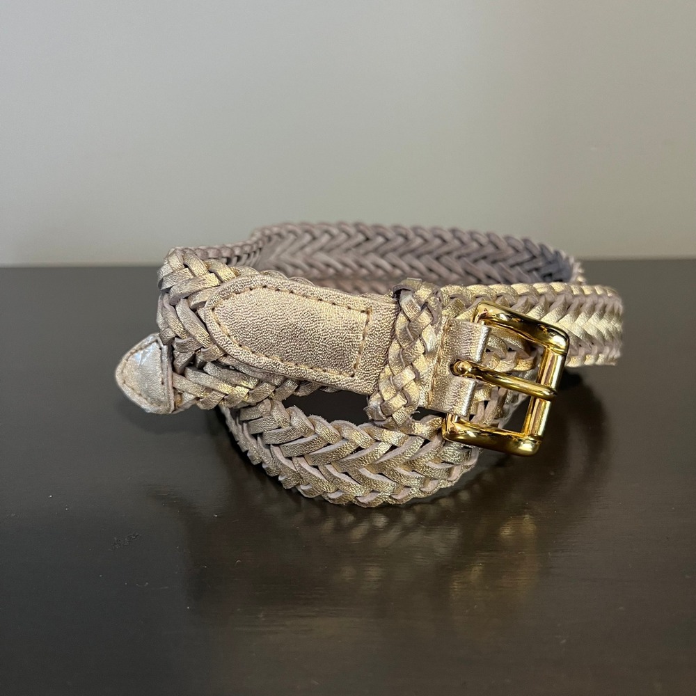 Metallic white Gold Braided Woven Belt XL Gold Tone Square Buckle 42 Inch Length